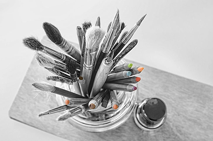 gray steel paintbrushes, abstract, painting, selective coloring, HD wallpaper