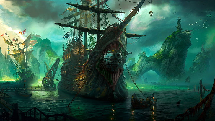 brown and black pirate ship, League of Legends, Bilgewater, fantasy art