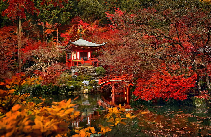 trees, bridge, pond, Japan, garden, Kyoto, the temple Daigo-JI temple Bentendo Hall