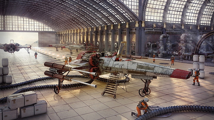 gray and red airplane, Star Wars, Engineer, X-wing, steampunk
