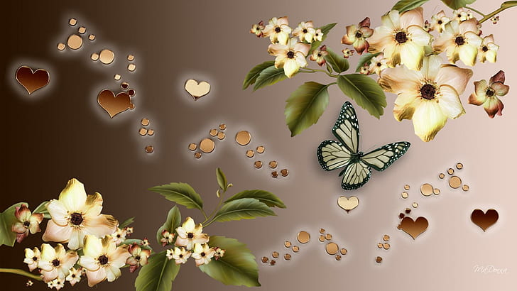 Heart Of Flowers, abstract, hearts, leaves, bronze, brown, butterfly, HD wallpaper