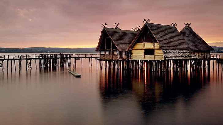 cabin, water, sky, architecture, built structure, sunset, residential district, HD wallpaper