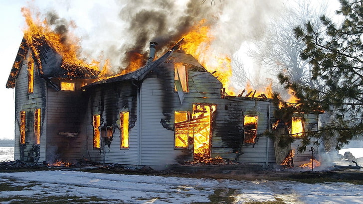 house, fire, on fire, snow, destruction, disaster, catastrophe, HD wallpaper