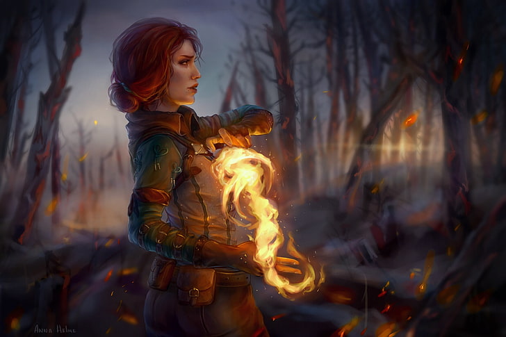 magic, profile, red, Triss Merigold, The Witcher 3: Wild Hunt, HD wallpaper