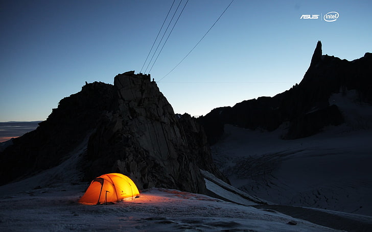 orange and yellow camping tent, Intel, electricity cable, snow, HD wallpaper