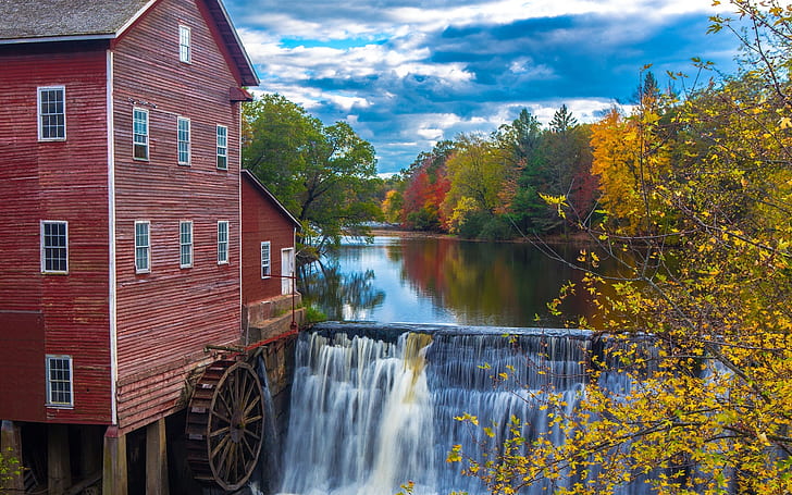 River, trees, autumn, waterfalls, house, water mill, HD wallpaper
