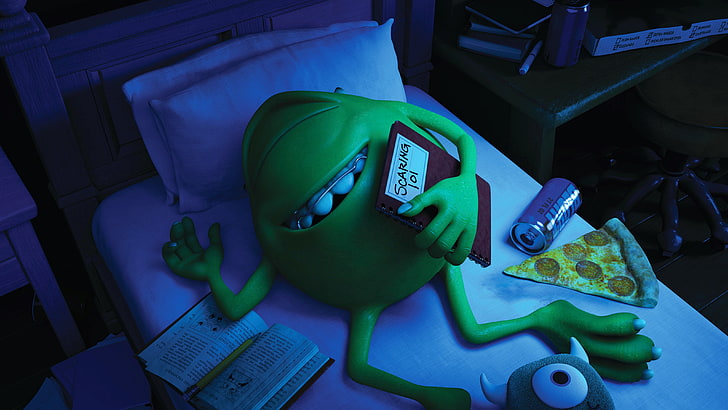 green cyclops monster, blue, smile, bed, one-eyed, Monsters University