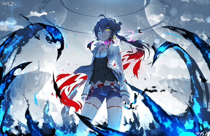 female anime character digital wallpaper, artwork, heterochromia