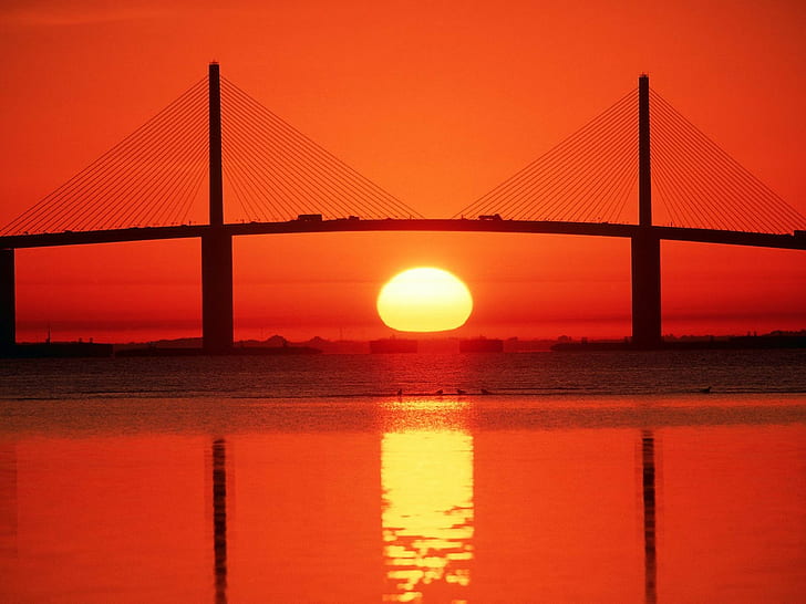 sunlight, bridge, Florida, sunset, sea, silhouette, HD wallpaper