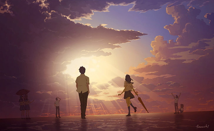 Anime, Original, Boy, Cloud, Girl, Sky, Sunrise, Umbrella, HD wallpaper