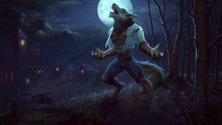 the moon, fantasy, art, the full moon, werewolf, Jon Neimeister, HD wallpaper