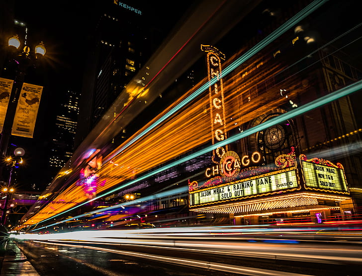 timelapse photography of Chicago theater during night time, chicago, HD wallpaper