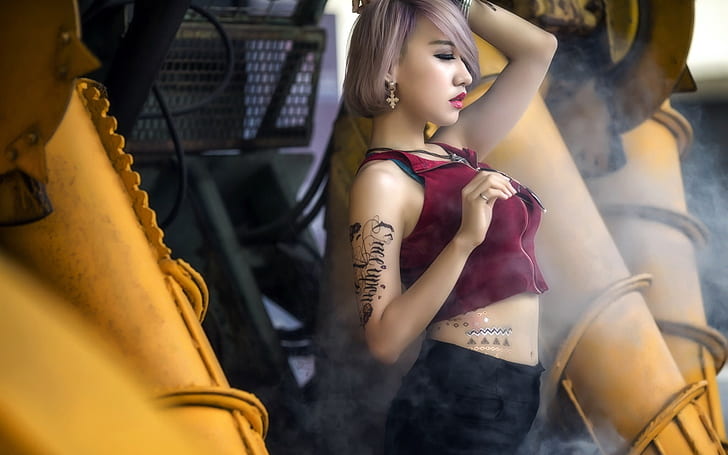 Asian girls, red dress, tattoo, women's red sleeveless crop top, HD wallpaper