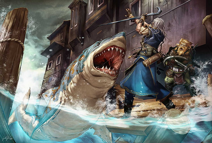 man fighting shark digital wallpaper, artwork, warrior, water, HD wallpaper