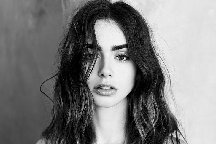 Actresses, Lily Collins, Black and White, English, Face