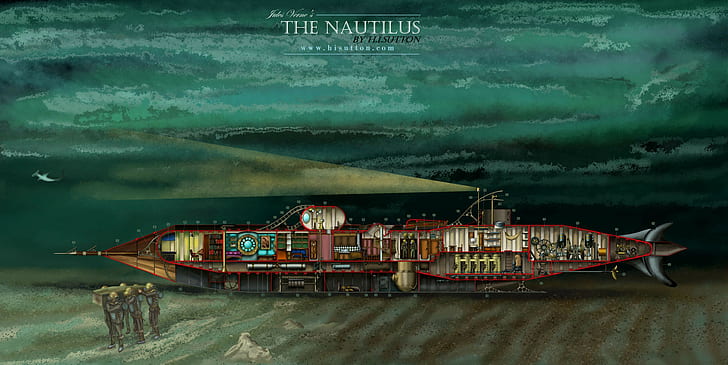 Divers, fantasy Art, fish, Jules Verne, Lights, Nautilus, sea, HD wallpaper