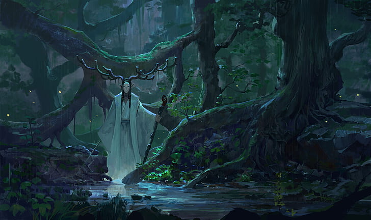 sword, fantasy, forest, rain, horns, trees, weapon, digital art
