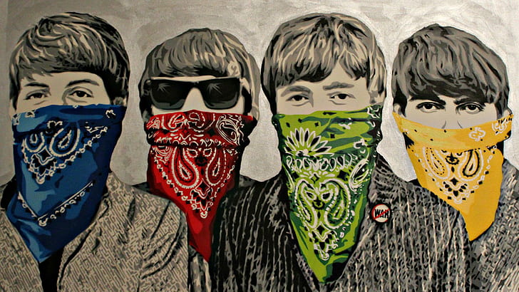 The Beatles drawing, 4 man covering there mouth of towel illustration