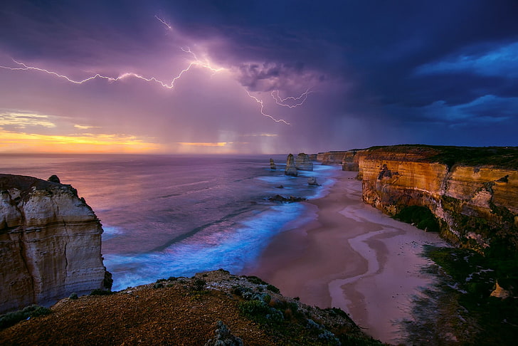 beach shore, lightning and clouds during sunset, nature, landscape