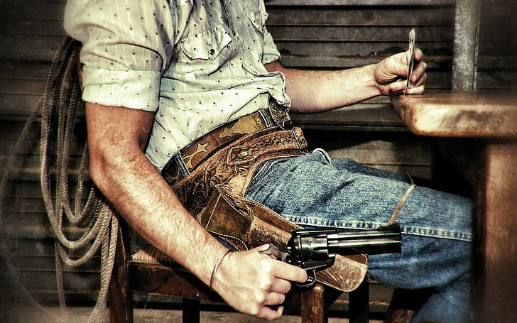revolver, men, sitting, one person, midsection, real people