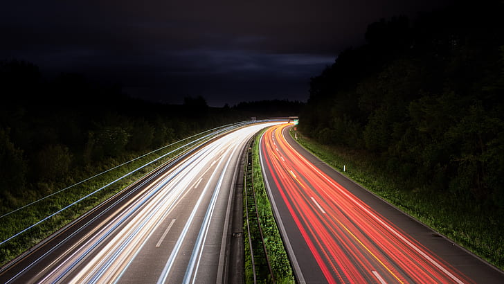 road, highway, night, light trails, traffic, darkness, long exposure photography