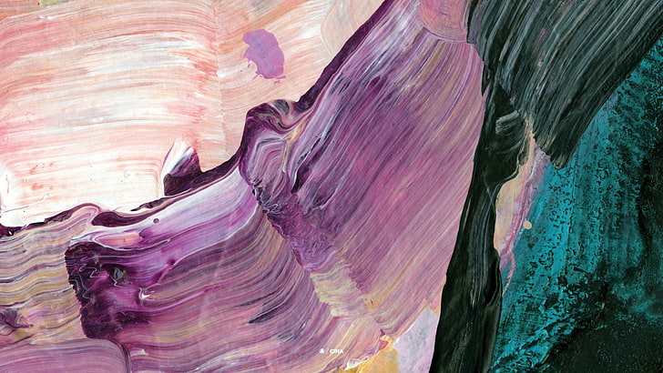 purple, beige, and teal abstract painting, paint splatter, rock formation