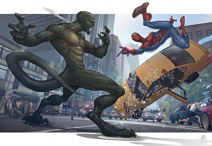 Marvel Spider-Man versus Reptile wallpaper, the city, people, HD wallpaper