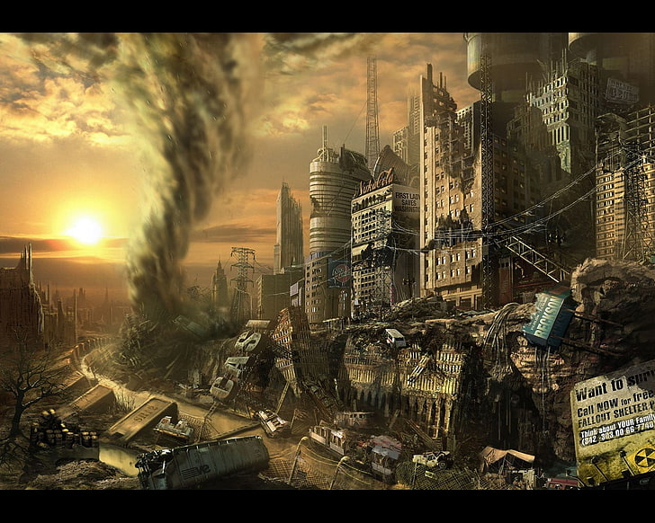 hurricane and city illustration, Fallout, video games, apocalyptic, HD wallpaper