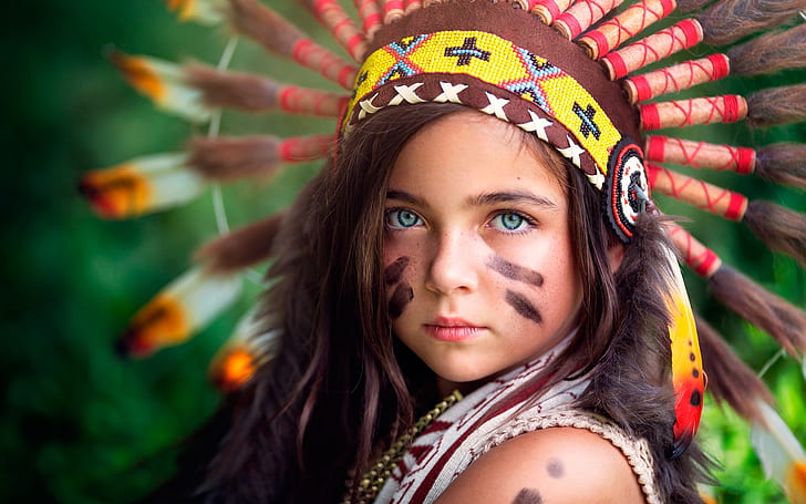 Little Indian, girl's yellow brown and red feather headdress, HD wallpaper