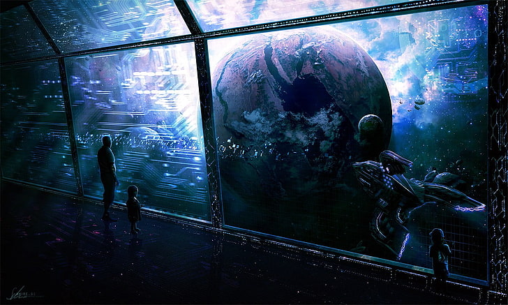 two persons looking at planet digital wallpaper, science fiction