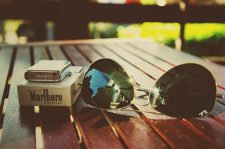 silver-framed Ray-Ban Aviator sunglasses, lighter, zippo, cigarette, HD wallpaper