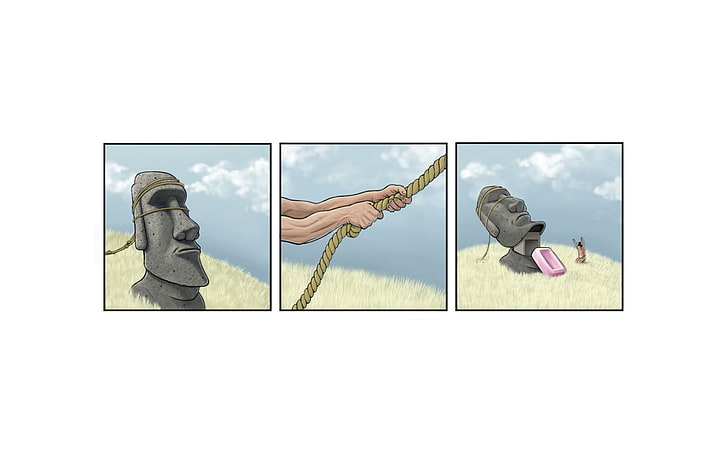 illustration of rope and Moai statue collage, painting, comics