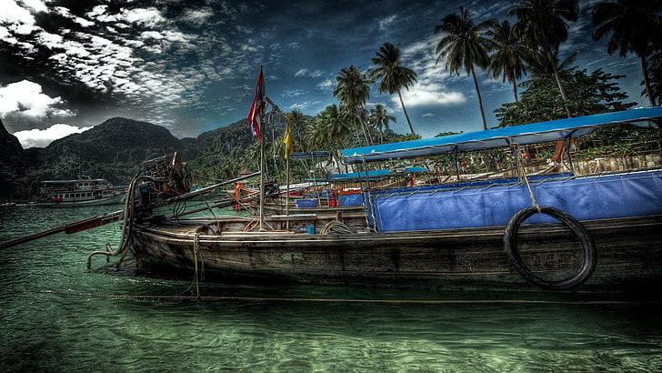 HDR, boat, palm trees, island, clouds, water, transportation