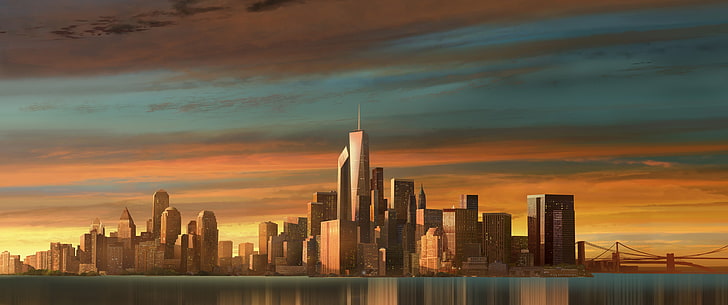 New York skyscraper illustration, city, New York City, One World Trade Center, HD wallpaper