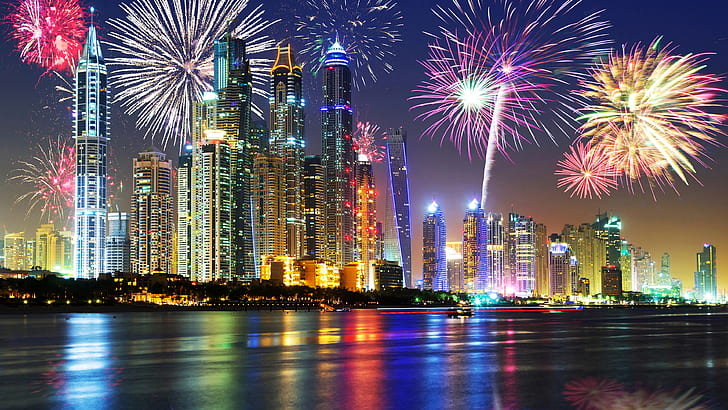 UAE, Dubai, beautiful night, waterfront, skyscrapers, lights, fireworks, HD wallpaper
