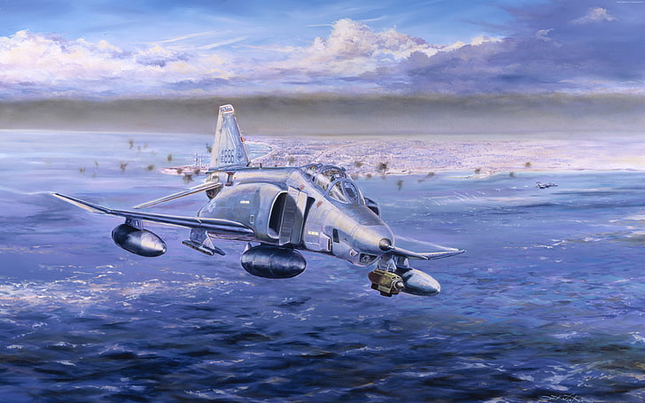 aircraft carrier, art, Phantom 2, fighter, jet, F 4, flight, HD wallpaper