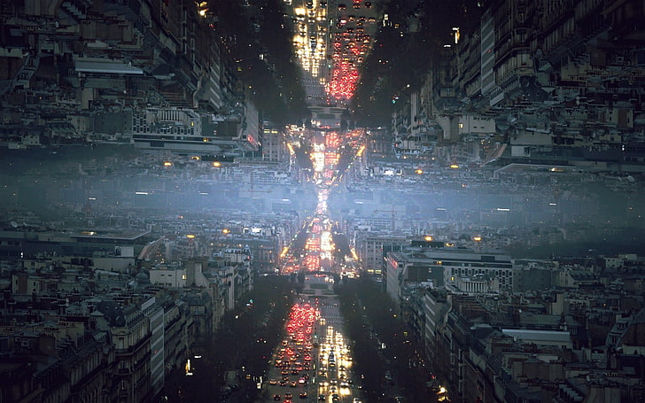 lighted city buildings, glitch art, road, mist, mirrored, architecture, HD wallpaper