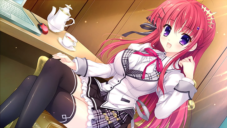 anime girls, pink hair, thigh-highs, school uniform, visual novel, HD wallpaper