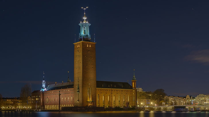 brown and black lighthouse miniature, Stockholm, Sweden, city hall, HD wallpaper