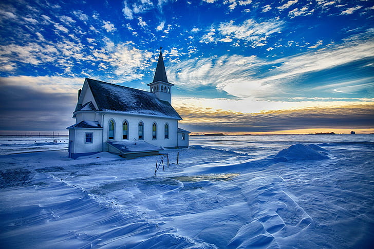 sky, clouds, snow, winter, landscape, church, HD wallpaper
