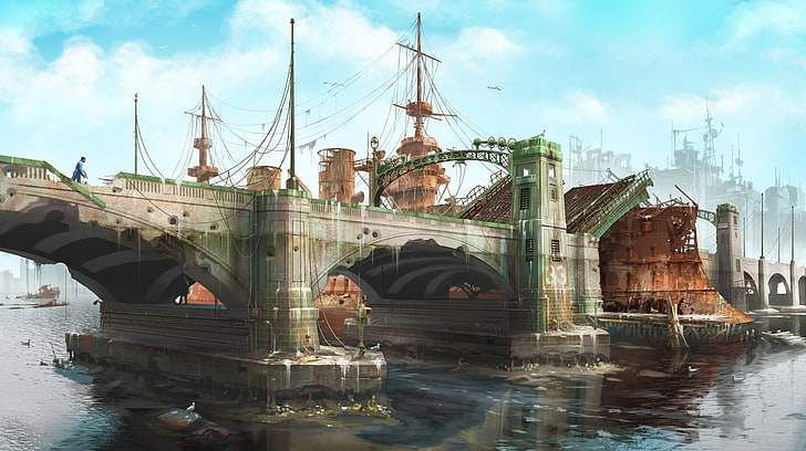 gray suspension bridge, Art, Boston, Bethesda Softworks, Bethesda Game Studios, HD wallpaper