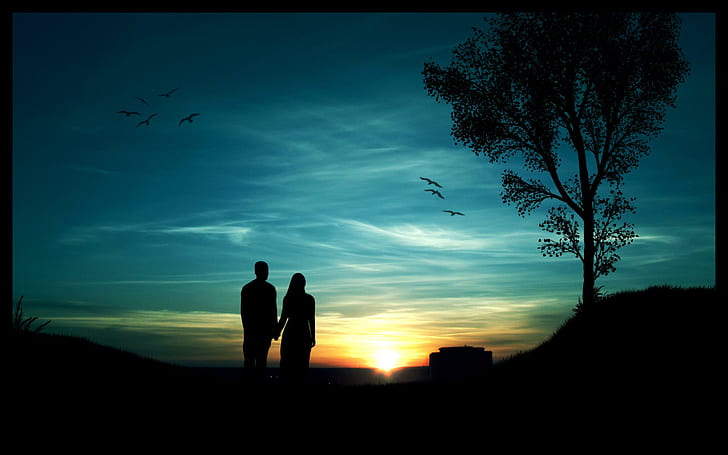Couple Enjoy Sunset, birds, romantic, tree, nature and landscapes