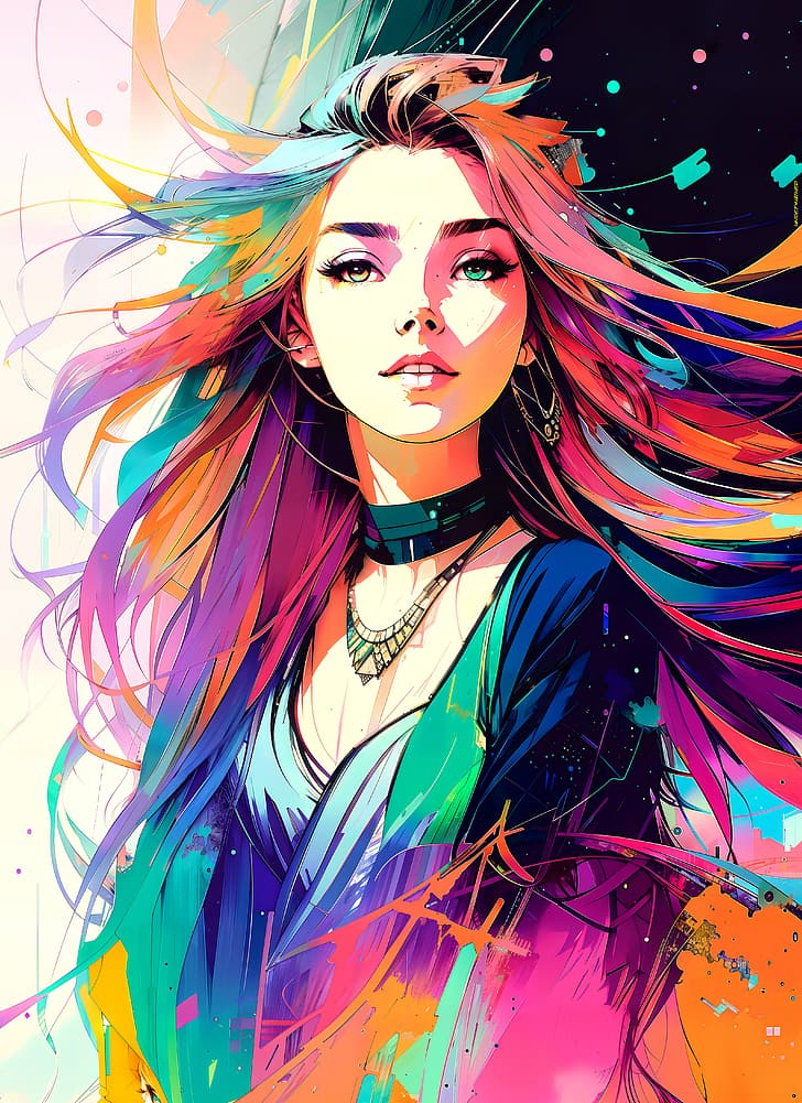 AI art, inkpunk, colorful, Color Burst, artwork, long hair, HD wallpaper