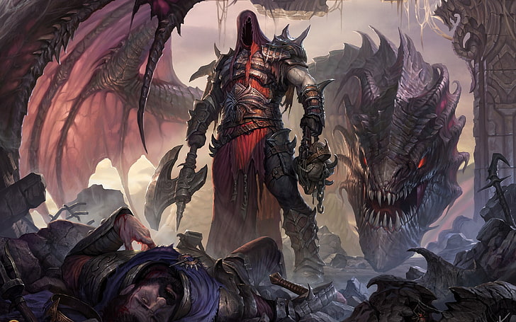 black dragon and warrior wallpaper, hero, fantasy art, representation