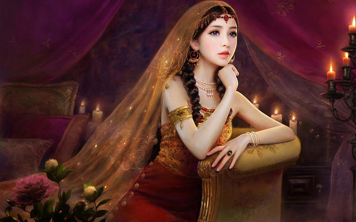Exquisite dress, beautiful and charming girl, veil candles flowers, HD wallpaper