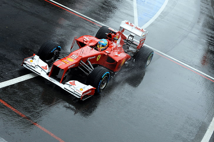 red and white F-1 race car, rain, the car, Ferrari, formula 1, HD wallpaper