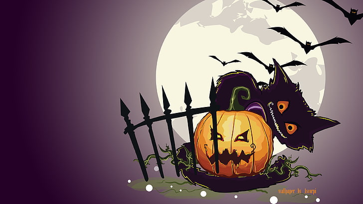 orange pumpkin and cat Halloween illustration, night, the moon, HD wallpaper
