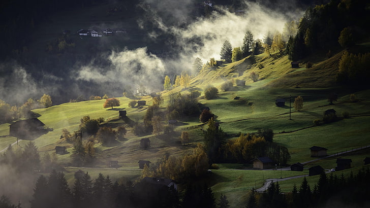 misty, village, twilight, field, hillside, scenics - nature