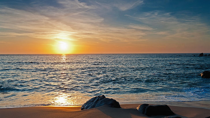 beach and sunset, sea, sky, horizon, water, scenics - nature, HD wallpaper
