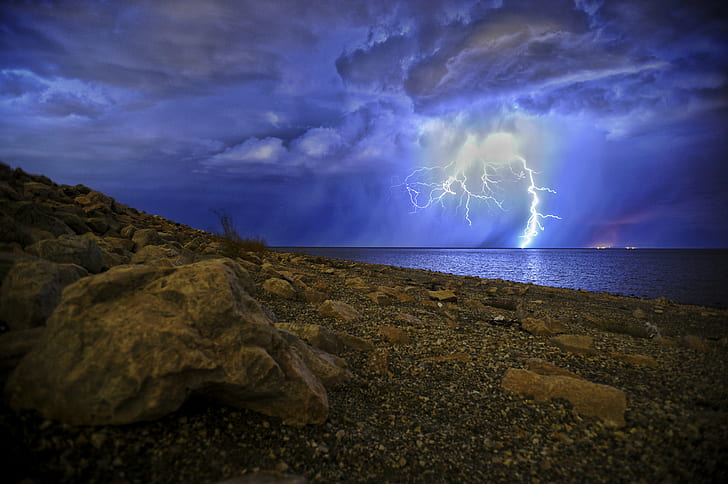 landscape photo of lightning on sea, lightning-storm, storm-clouds, HD wallpaper